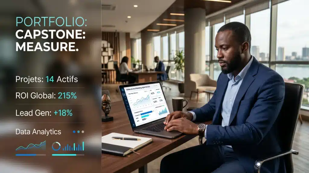 Professionnel africain travaillant sur un dashboard marketing digital dans un Executive MBA MDIA